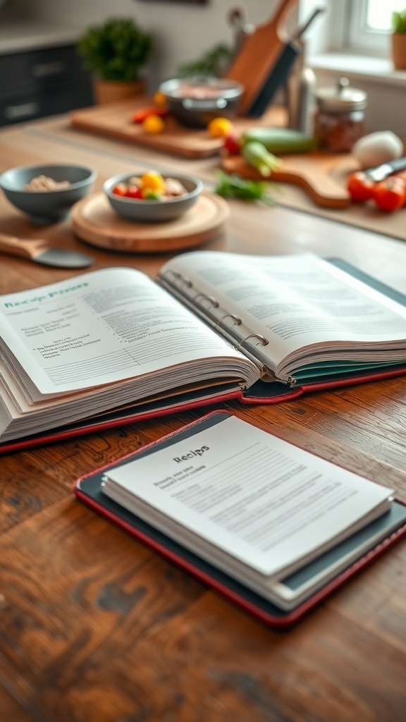 An organized recipe binder with colorful dividers and recipe cards on a kitchen table.